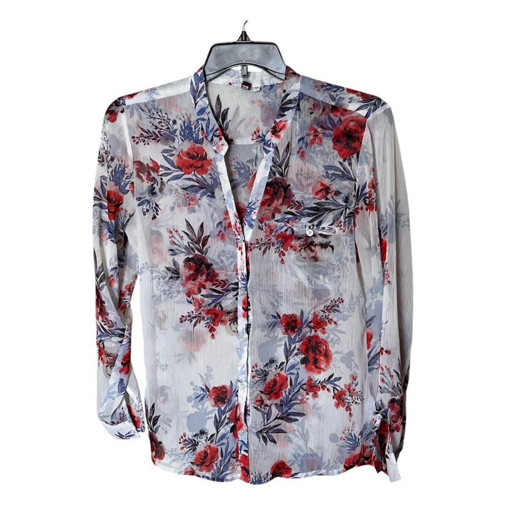 Kut from the Kloth White, Red, Blue Floral Print Roll-Tab Sleeve Blouse Size L